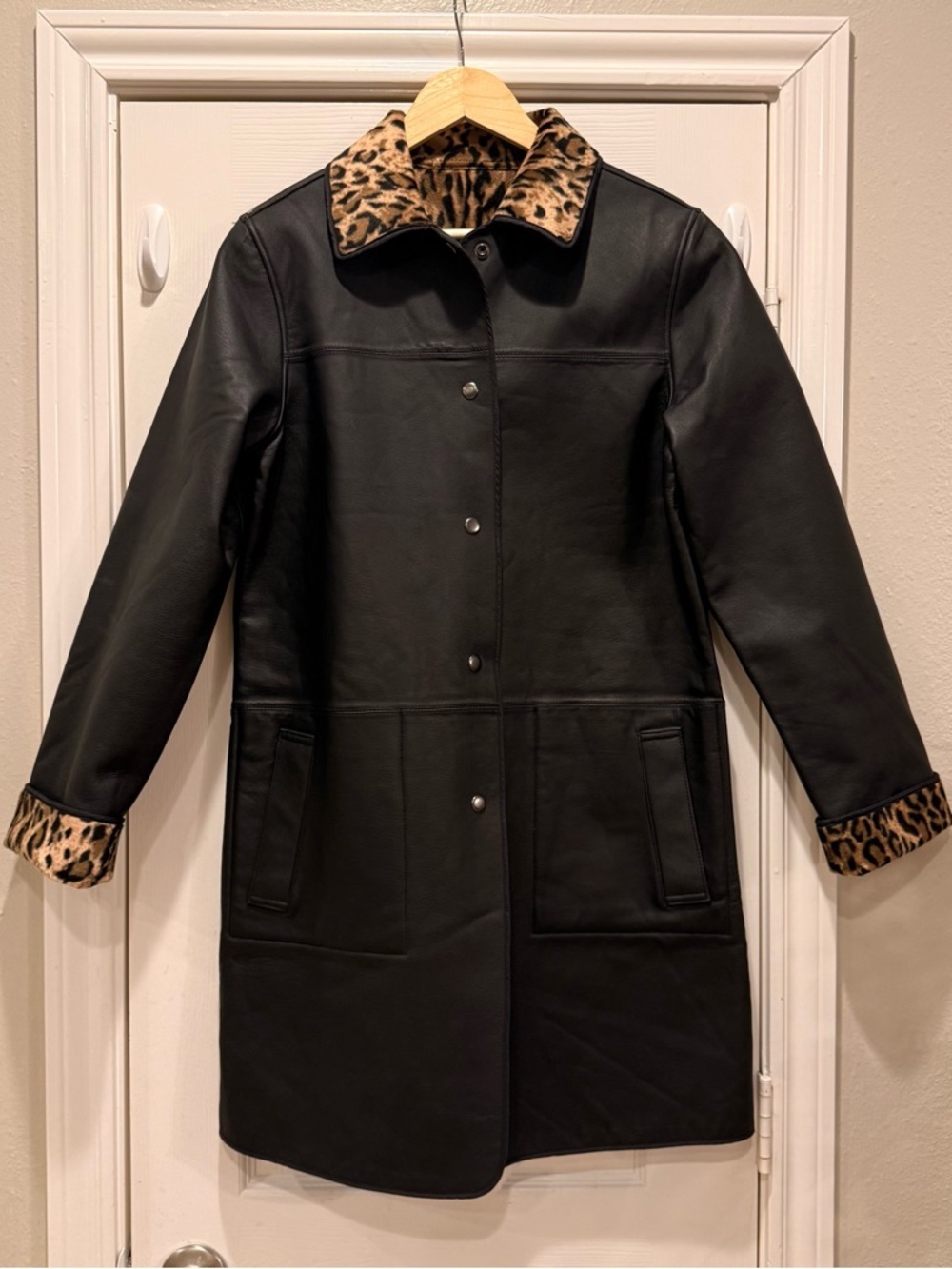 VTG 90s Newport News Leather Reversible Cheetah Longline Trench Coat Sz Small - Picture 5 of 9